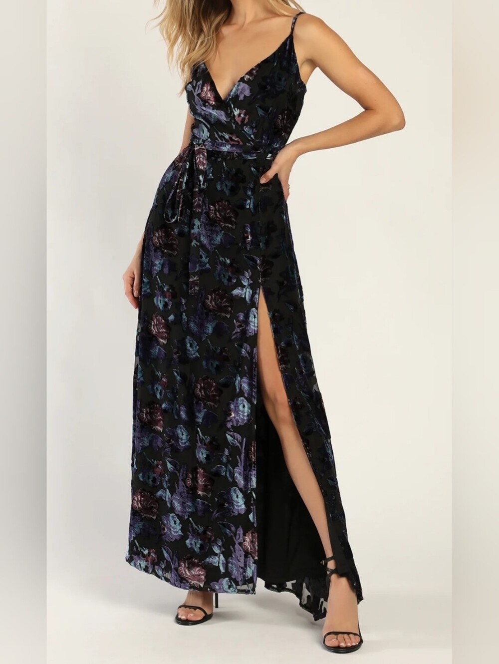 Velvet Floral Print Maxi Dress